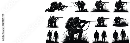Vector Silhouette Set of Tactical Hunters and Snipers Featuring Prone and Kneeling Poses with Rifles and Backpacks for Outdoor Wilderness Sport Design
