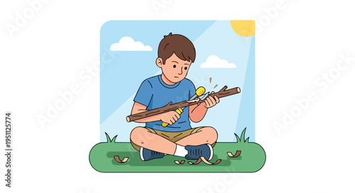 Young boy whittling wood on a sunny day in the grass
