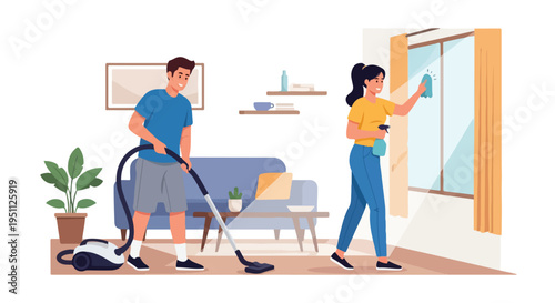 A couple cleans their living room together, one vacuums, the other cleans the window