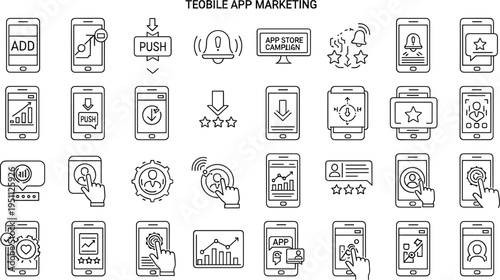 Mobile App Marketing Line Icon Vector Set with Push Notifications, Analytics, User Engagement and Smartphone Interface Elements