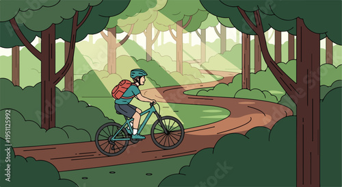 A person rides a bicycle on a winding forest trail under dappled sunlight