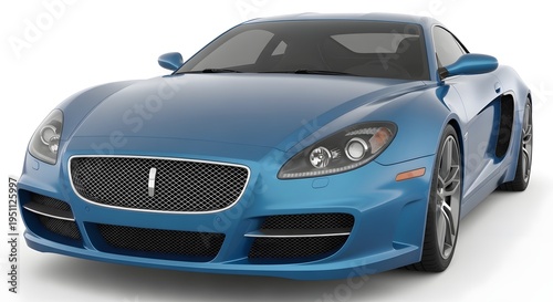 Metallic blue luxury sports car with sleek aerodynamic body and silver mesh front grille isolated on a clean white background studio shot