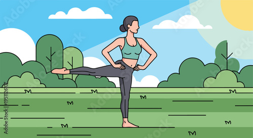 Woman practicing yoga pose in a park with trees and sun