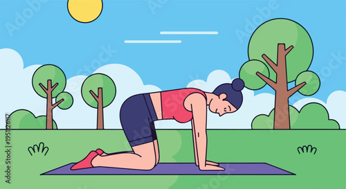 A woman practices yoga on a mat in a park with trees and a sun