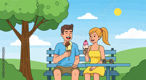 Couple enjoying ice cream on a park bench under a sunny sky