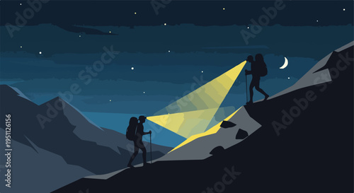 Two hikers with headlamps illuminate a rocky mountain path at night