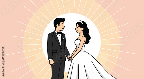Bride and groom holding hands with a sunburst background