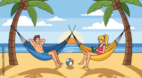 Couple relaxes in hammocks on a sandy beach with palm trees
