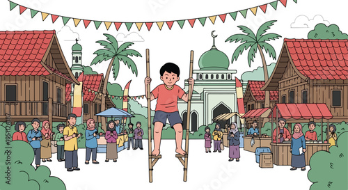 A lively village scene with a boy on stilts, market stalls, and a mosque