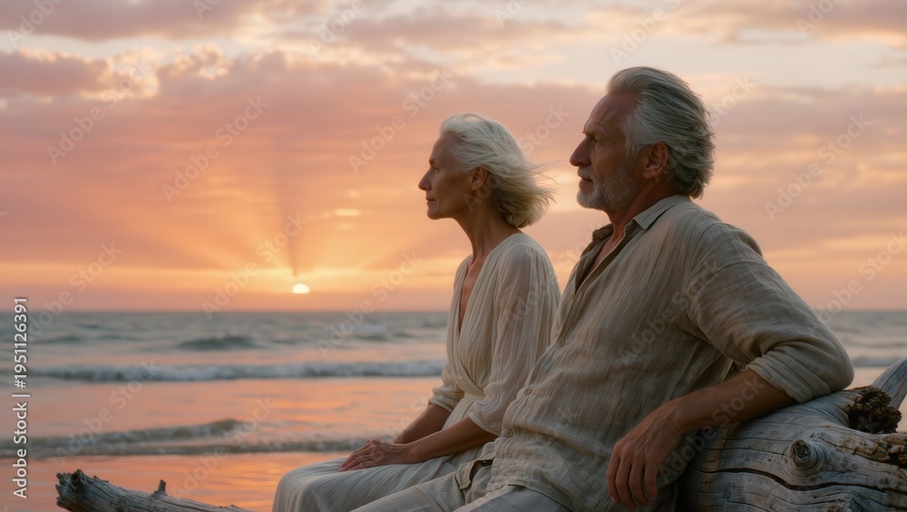 Fototapeta premium Senior couple sitting on beach watching sunset together during golden hour for peaceful retirement and healthy aging concept