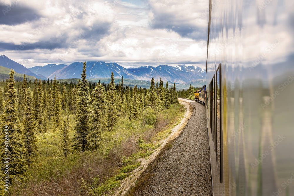 Obraz premium A train curving through forest toward Denali National Park mountains