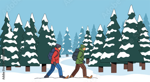 Two people trek through a snowy forest with snow-capped evergreen trees