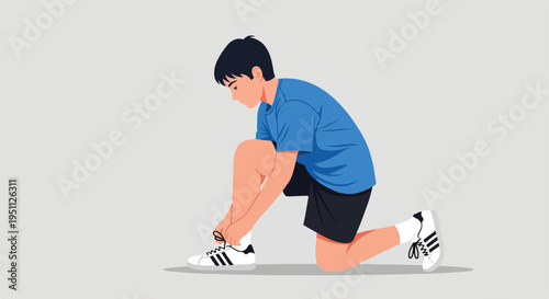 Boy kneeling to tie his shoelaces on a plain background