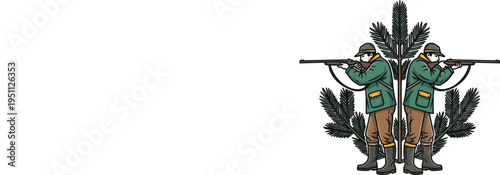 Vintage Style Vector Illustration of Two Hunters with Rifles Standing Back to Back in Front of Evergreen Pine Branches for Outdoor Adventure and Hunting Season Graphic Design