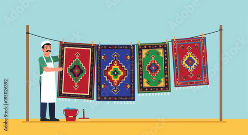 A man dries colorful carpets on a clothesline with cleaning supplies nearby