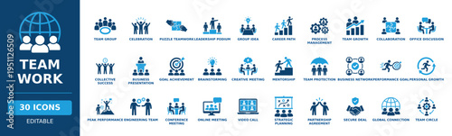 Team work 2 solid vector glyph icon set including business collaboration, leadership podium, brainstorming, online meeting, partnership agreement, career path, and project growth symbols.