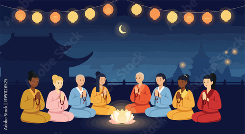 Diverse group meditating under lanterns near temple at night