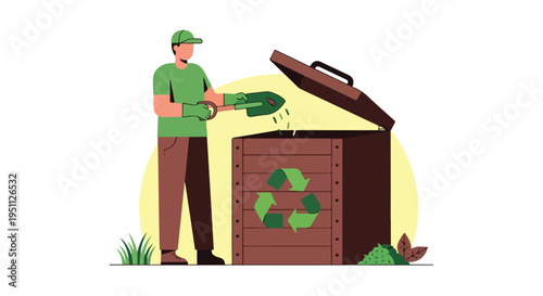 Person adding material to a wooden compost bin with recycling symbol