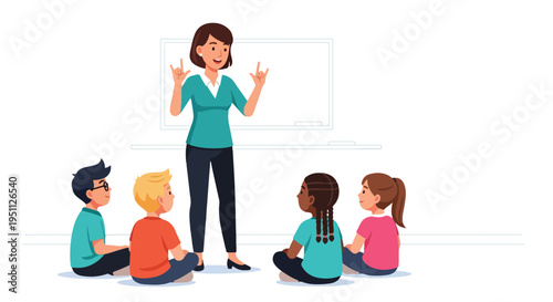 A teacher signs to young students sitting on the floor in front of a whiteboard