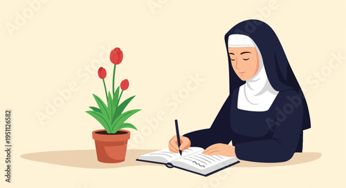 A nun writes in a book beside a potted plant with red tulips