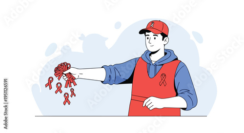 A person in a red vest and cap holds a bunch of red awareness ribbons
