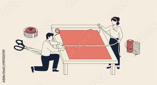 Tailors measuring and cutting fabric on a table with sewing supplies nearby