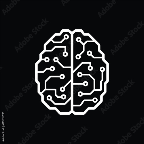 Artificial intelligence White circuit pattern overlays brain silhouette. Black background creates sharp, modern contrast. Design symbolizes artificial intelligence or neural networks. Ideal for tech, 