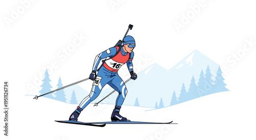 A cartoon biathlete in blue and red skis through a snowy landscape