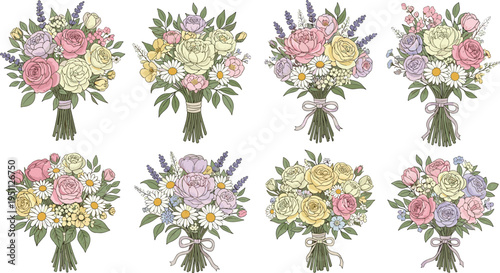 Romantic Pastel Floral Bouquet Vector Set with Roses, Peonies, Daisies and Wedding Flower Arrangements Collection