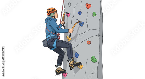 Person with ice axes ascends a textured gray climbing wall with colorful grips
