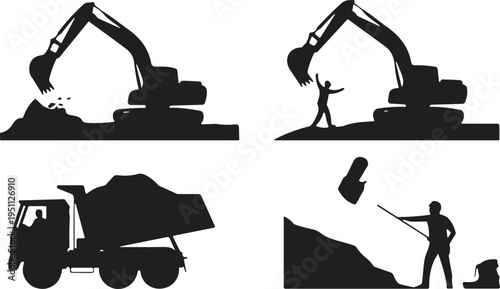Construction equipment silhouette set with excavator digging soil, dump truck transport, worker using shovel and heavy machinery illustrating civil engineering, earthmoving and infrastructure 
