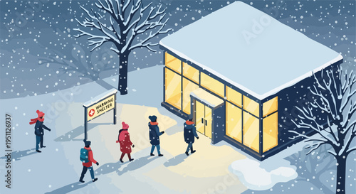 People seek refuge in a brightly lit building during a snowy winter day