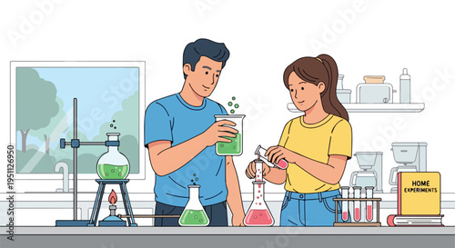 Couple conducting a science experiment with colorful liquids in a home laboratory setting
