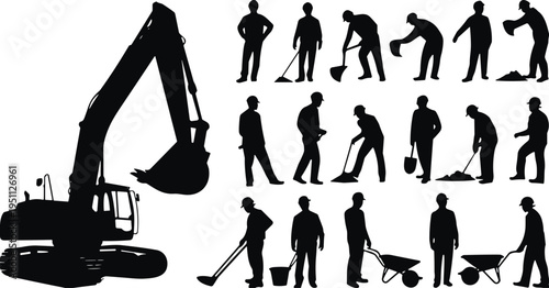 Construction worker silhouettes set with excavator, laborers digging, shoveling and carrying materials, heavy equipment and manual workers collection for industrial construction concept