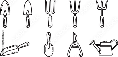A variety of gardening tools including trowels, forks, shears, and a watering can. Vector