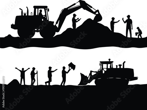 Construction workers and heavy machinery silhouettes with excavator and bulldozer, labor team working on earthmoving, excavation and industrial infrastructure development site
