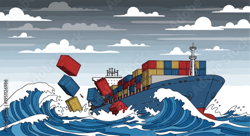 Cargo ship in stormy seas, losing containers to crashing waves