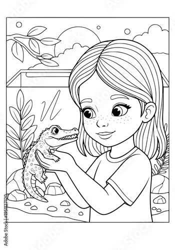 The girl pulled the baby crocodile out of the terrarium. Coloring page.