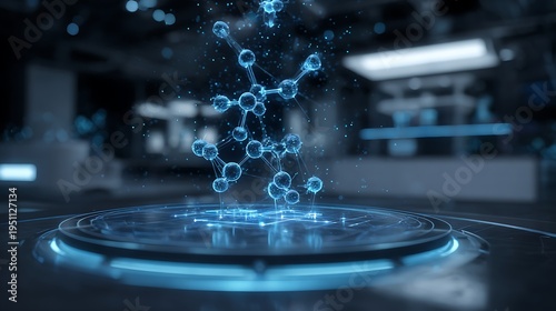 Advanced biotech concept showing glowing molecular mapping data suspended above a digital laboratory platform in a sleek blue futuristic environment.