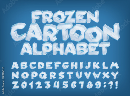 Frozen cartoon alphabet with 3D ice letters and numbers. Cool vector typeface for bold typography designs.
