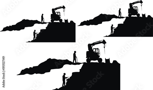 Excavator working on hillside with construction workers silhouette set, illustrating earthmoving, mining activity, slope excavation, heavy machinery operation and civil engineering