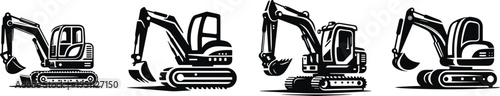 Excavator machine silhouettes collection with mini diggers and tracked construction equipment, heavy machinery set for construction, mining, engineering and industrial work illustration