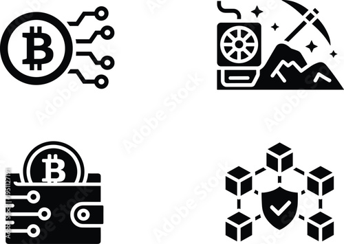 Cryptocurrency set with bitcoin mining wallet and blockchain network