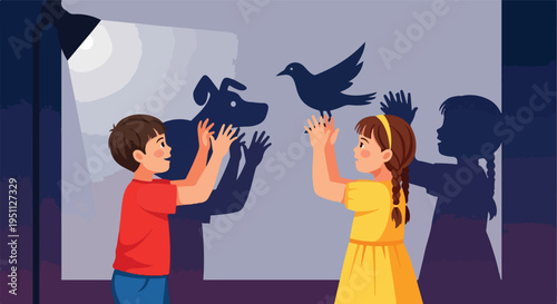 Children enjoy making shadow puppets of a dog and bird with a lamp