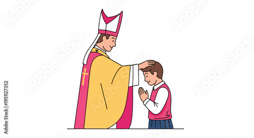 Cleric in religious vestments places hand on bowed person's head