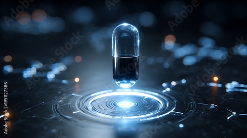 Premium pharmaceutical technology scene featuring a glowing capsule surrounded by molecular research holograms above a dark lab platform.
