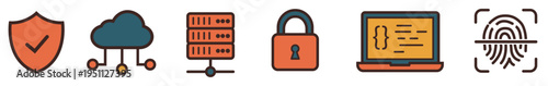 Warm Vintage Cloud Computing and Tech Security Vector Icon Set