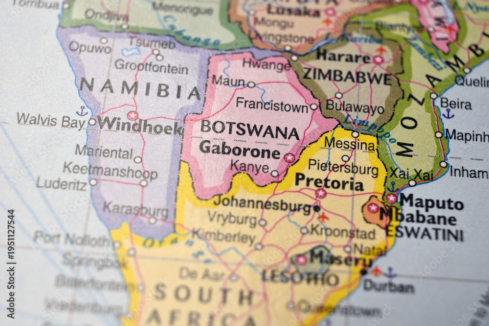 Naklejka premium Gaborone Botswana Close Up Bokeh World Map Macro Defocused Geographic Image