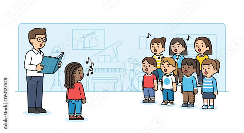 A music teacher leads a diverse group of children in a choir practice session