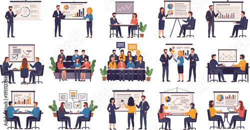 Business Meeting and Corporate Presentation Vector Set with Team Discussions, Office Conferences and Data Analysis Scenes
